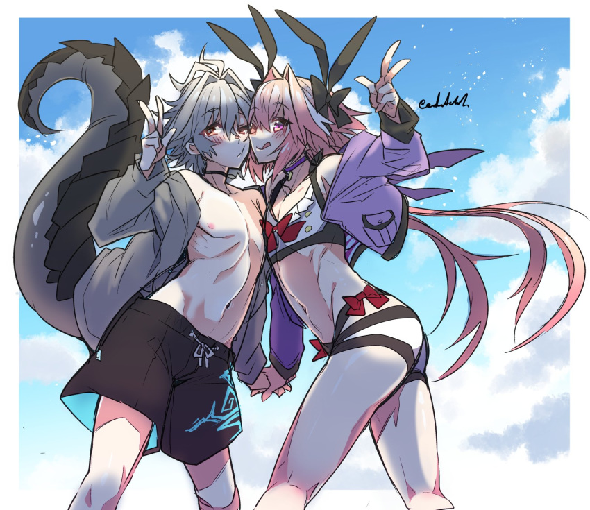 2boys ass astolfo_(fate) blush bow choker clouds collarbone commentary_request day dragon_tail eyebrows_visible_through_hair eyes_visible_through_hair fate/apocrypha fate_(series) feet_out_of_frame grey_hair hair_between_eyes haoro highlights highres jacket long_hair long_sleeves looking_at_viewer midriff multicolored_hair multiple_boys navel nipples otoko_no_ko outdoors pink_eyes pink_hair shorts sieg_(fate/apocrypha) sky standing stomach swimsuit tail tongue tongue_out two-tone_hair v white_hair