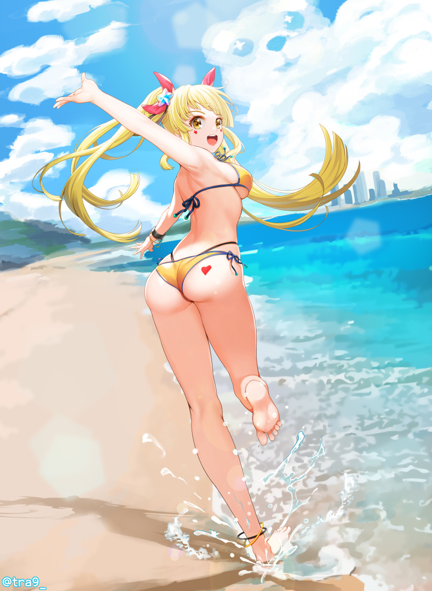 1girl absurdres anklet arm_up armpits ass back bang_dream! bare_legs barefoot beach bikini blonde_hair blue_sky blush clouds day english_commentary feet from_behind hair_ribbon heart highres jewelry kim_hyun-kyung legs long_hair looking_at_viewer looking_back ocean open_mouth outdoors ribbon sand side-tie_bikini sky smile soles solo standing standing_on_one_leg swimsuit thong toes tsurumaki_kokoro twintails very_long_hair water yellow_bikini yellow_eyes