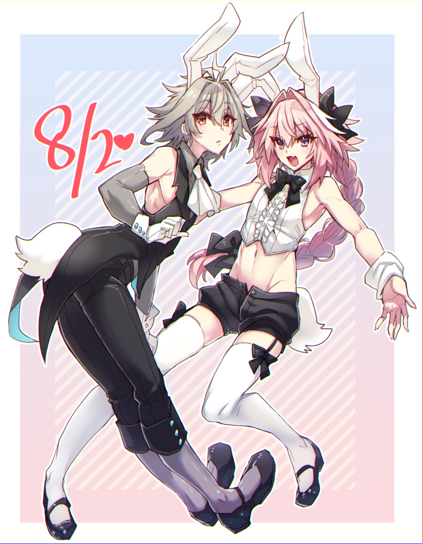 2boys animal_ears astolfo_(fate) bare_shoulders blue_background bow bowtie bunny_day bunny_tail bunnysuit commentary_request elbow_gloves eyebrows_visible_through_hair eyes_visible_through_hair fate/apocrypha fate_(series) full_body gloves grey_hair hair_between_eyes haoro heart highlights highres long_hair looking_at_viewer midriff multicolored_hair multiple_boys multiple_girls navel otoko_no_ko pants pink_hair rabbit_ears shorts sieg_(fate/apocrypha) simple_background sleeveless stomach striped striped_background tail thigh-highs two-tone_hair violet_eyes white_hair