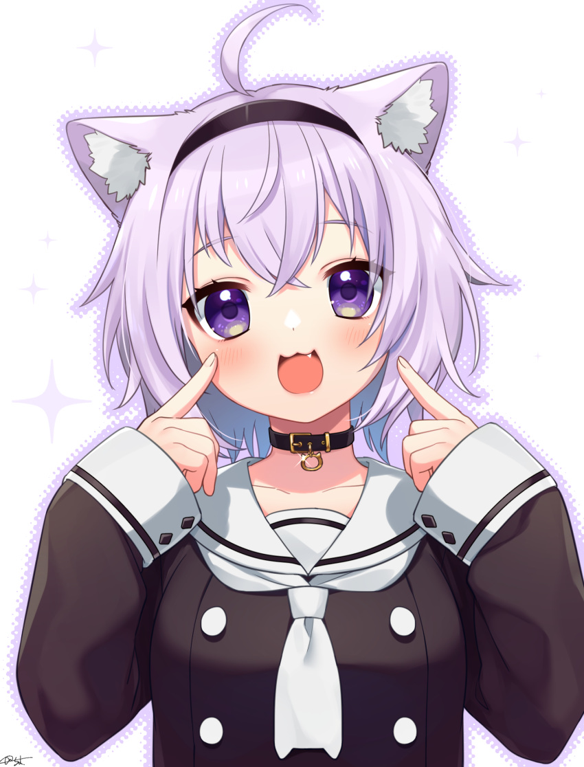 1girl :3 :d ahoge animal_ear_fluff animal_ears bangs black_collar black_hairband black_shirt blush breasts cat_ears collar commentary_request eyebrows_visible_through_hair fang hair_between_eyes hairband hands_up highres hololive long_sleeves looking_at_viewer nekomata_okayu open_mouth purple_hair purple_outline sailor_collar sakura_chiyo_(konachi000) school_uniform serafuku shirt sleeves_past_wrists small_breasts smile solo sparkle upper_body violet_eyes virtual_youtuber white_background white_neckwear white_sailor_collar