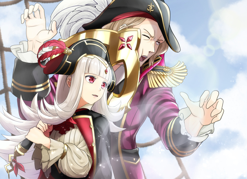 1boy 1girl absurdres anchor blonde_hair blue_sky clouds commentary_request fire_emblem fire_emblem_fates fire_emblem_heroes grey_hair hat highres holding long_hair long_sleeves one_eye_closed open_mouth parted_lips pirate_costume pirate_hat red_eyes short_hair sky sukkirito_(rangusan) upper_body veronica_(fire_emblem) xander_(fire_emblem)