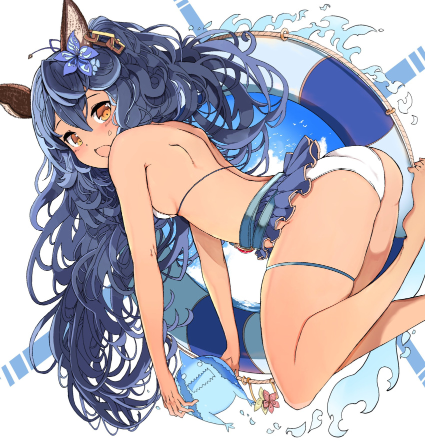 1girl animal_ears ass bangs bare_arms bare_legs bare_shoulders barefoot bikini blue_flower blue_hair blush breasts brown_eyes chain commentary_request day ear_piercing erune ferry_(granblue_fantasy) flower granblue_fantasy hair_between_eyes hair_flower hair_ornament highres lifebuoy long_hair open_mouth piercing red_flower small_breasts solo sweat swimsuit venomrobo very_long_hair white_background white_bikini yellow_flower