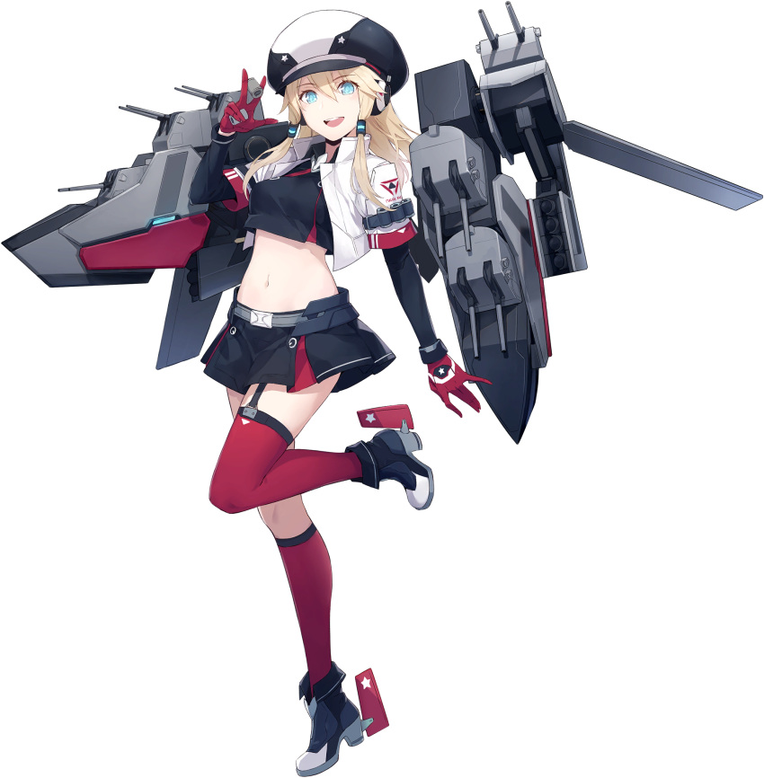 1girl :d ankle_boots bangs belt black_skirt blonde_hair blue_eyes blue_oath blush boots breasts cannon crop_top cropped_jacket full_body garter_straps gloves hair_between_eyes hair_tubes hat headphones high_heel_boots high_heels highres jacket kneehighs long_sleeves looking_at_viewer medium_breasts medium_hair miniskirt oakland_(blue_oath) official_art open_mouth red_gloves red_legwear rigging rudder_footwear short_sleeves sidelocks single_kneehigh single_thighhigh skirt smile solo tachi-e thigh-highs transparent_background white_jacket