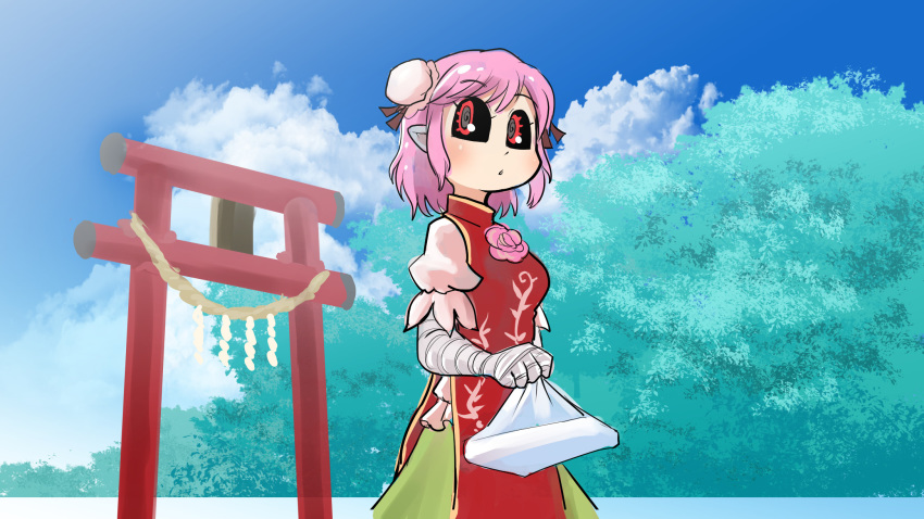 1girl bag bandaged_arm bandages black_sclera blue_sky bun_cover chamaji chinese_clothes clouds commentary_request double_bun eyebrows_visible_through_hair flower highres holding holding_bag ibaraki_kasen looking_to_the_side outdoors pink_eyes pink_flower pink_hair pink_rose pointy_ears puffy_short_sleeves puffy_sleeves rope rose shide shimenawa short_hair short_sleeves sky solo tabard torii touhou tree