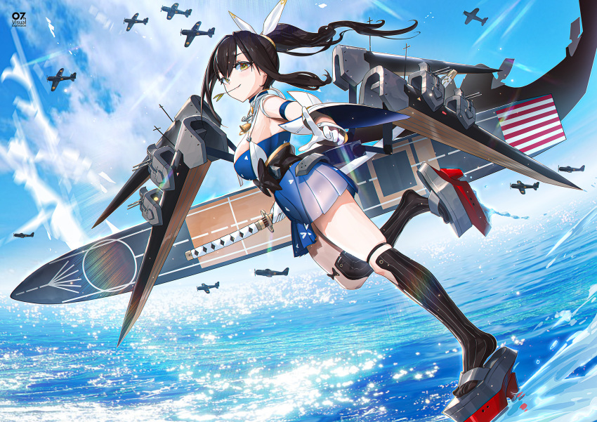 1girl a6m_zero aircraft airplane black_hair black_legwear blue_oath breasts costor32 flight_deck from_side full_body hair_ribbon highres holding holding_sword holding_weapon kaga_(blue_oath) katana large_breasts long_hair looking_at_viewer ponytail ribbon sheath sheathed smile solo sword weapon white_ribbon yellow_eyes