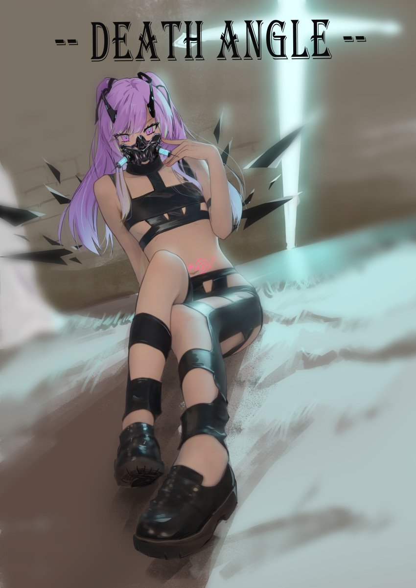 1girl absurdres bangs black_footwear english_text fish_g flat_chest highres long_hair mask midriff mouth_mask navel original pubic_tattoo purple_hair sitting solo tattoo violet_eyes wings