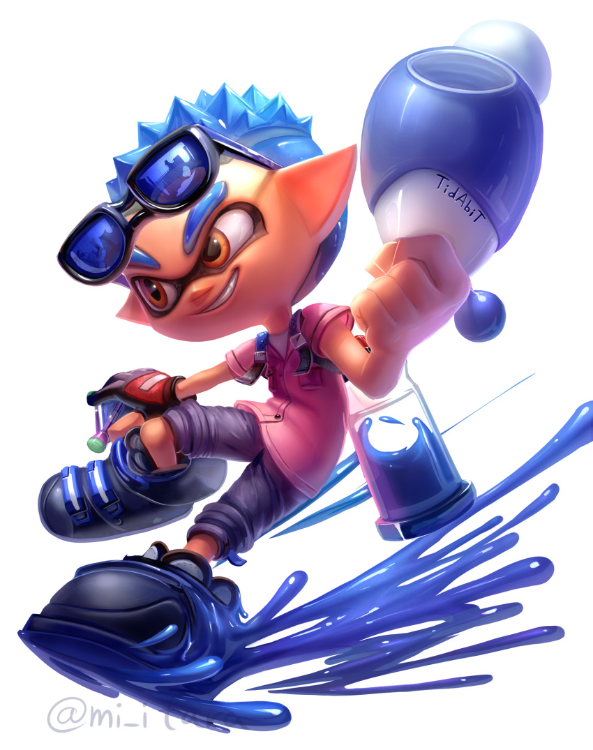 1boy artist_name black-framed_eyewear black_footwear black_gloves black_shorts blue-tinted_eyewear blue_hair brown_eyes commentary domino_mask eyewear_on_head fang full_body gloves grin hand_up happy highres holding holding_weapon ink_tank_(splatoon) inkling luna_blaster_(splatoon) male_focus mask miitara paint partly_fingerless_gloves pink_shirt pointy_ears shiny shirt shoes short_hair short_sleeves shorts simple_background smile solo spiky_hair splat_bomb_(splatoon) splatoon_(series) splatter sunglasses teeth twitter_username undershirt watermark weapon white_background