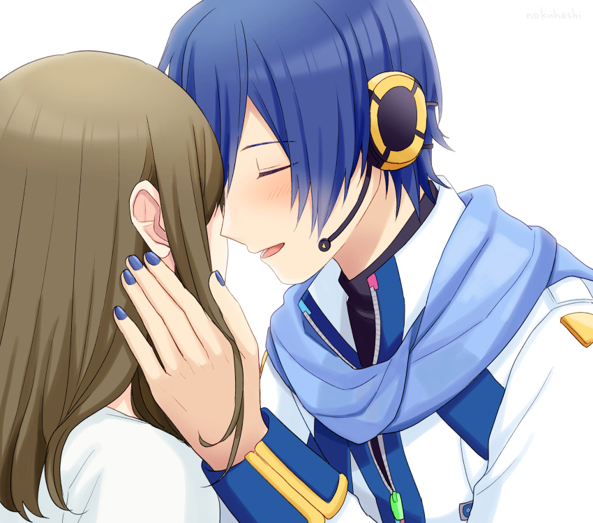 1boy 1girl absurdres blue_hair blue_nails blue_scarf brown_hair closed_eyes coat commentary forehead-to-forehead hand_on_another's_head headset highres hug kaito kaito_(vocaloid3) master_(vocaloid) medium_hair nokuhashi open_mouth scarf shirt smile upper_body vocaloid white_background white_coat white_shirt zipper