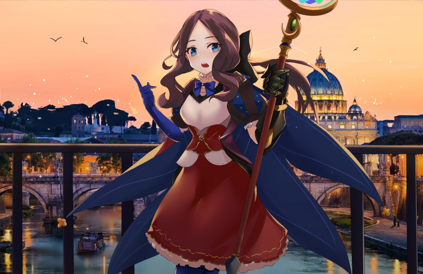 1girl absurdres bird blue_eyes blue_legwear boat breasts bridge brown_hair cape chinese_commentary commentary fate/grand_order fate_(series) gauntlets highres holding holding_staff leonardo_da_vinci_(fate/grand_order) leonardo_da_vinci_(rider)_(fate) long_hair looking_at_viewer musicatopos open_mouth outdoors skirt small_breasts solo staff sunset teeth watercraft