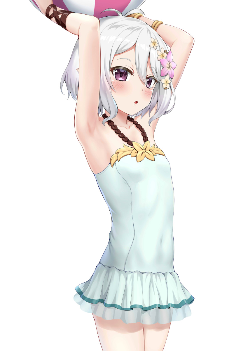 1girl absurdres antenna_hair armpits blush bracelet cowboy_shot flower hair_flower hair_ornament highres jewelry kokkoro_(princess_connect!) looking_at_viewer nedia_(nedia_region) one-piece_swimsuit open_mouth princess_connect! princess_connect!_re:dive silver_hair simple_background solo swimsuit violet_eyes white_background
