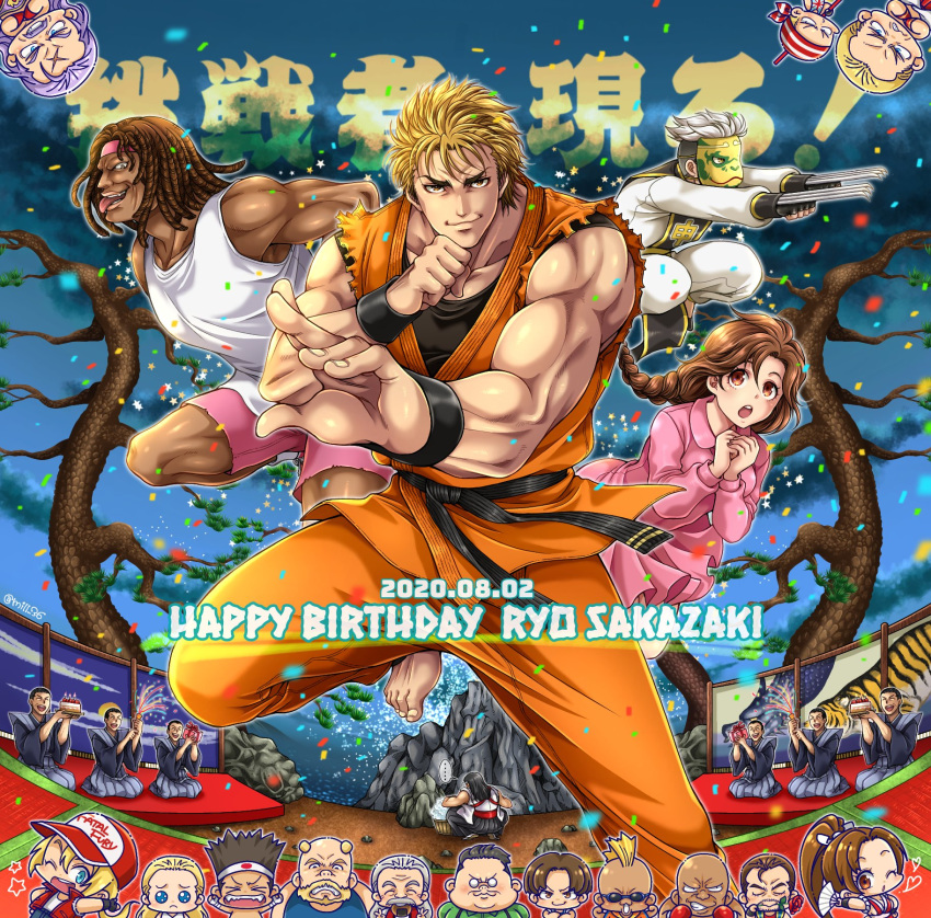 2girls 6+boys andy_bogard axel_hawk big_bear billy_kane blonde_hair braid braided_ponytail cheng_sinzan dougi duck_king fatal_fury fatal_fury_cap geese_howard happy_birthday highres joe_higashi kim_kaphwan laurence_blood lee_pai_long mickey_rogers miru_(mill_36) mohawk multiple_boys multiple_girls ryou_sakazaki ryuuko_no_ken shiranui_mai terry_bogard the_king_of_fighters toudou_ryuuhaku wolfgang_krauser yamada_jubei yuri_sakazaki