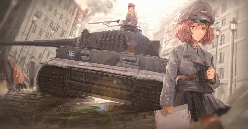 2girls akiyama_yukari artist_request blonde_hair brown_eyes brown_hair building caterpillar_tracks emblem germany girls_und_panzer grey_background grey_hair ground_vehicle gun hat headphones highres iron_cross lamppost long_hair machine_gun military military_hat military_uniform military_vehicle motor_vehicle multiple_girls ooarai_(emblem) pravda_(emblem) short_hair tank tiger_i uniform weapon