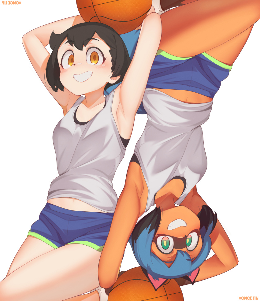 2girls :d absurdres animal_ears armpits arms_up artist_name ball basketball black_bra black_hair black_sports_bra blue_hair blue_shorts blush bra brand_new_animal breasts brown_hair commentary crotch_seam dolphin_shorts dual_persona eyebrows_visible_through_hair green_eyes hair_between_eyes highres holding holding_ball impossible_clothes impossible_hair impossible_shirt kagemori_michiru layered_clothing looking_at_viewer matching_outfit medium_breasts midriff_peek multicolored_hair multiple_girls navel once_11h open_mouth orange_eyes rotational_symmetry shirt short_hair short_shorts shorts simple_background sleeveless smile sports_bra symbol_commentary symmetry tank_top thighs two-tone_hair two-tone_shorts underwear upside-down white_background white_footwear