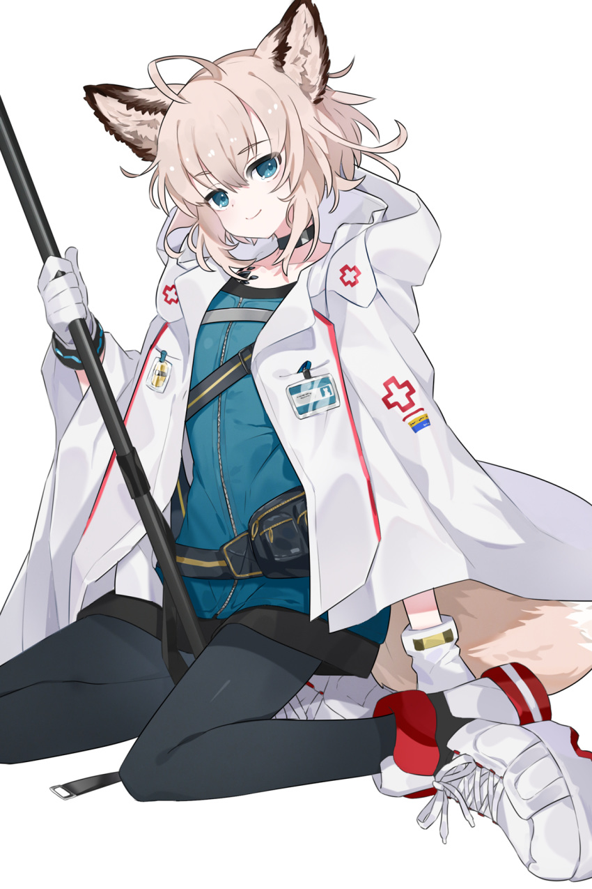 1girl ahoge animal_ears aqua_eyes arknights black_legwear blue_shirt choker eyebrows_visible_through_hair fanny_pack flat_chest fox_ears fox_girl fox_tail gloves hair_between_eyes highres holding holding_staff hood hood_down labcoat long_sleeves looking_at_viewer medium_hair muraki_(owantogohan) originium_(arknights) pantyhose petite platinum_blonde_hair shirt shoes simple_background sitting smile sneakers solo staff sussurro_(arknights) tail white_background