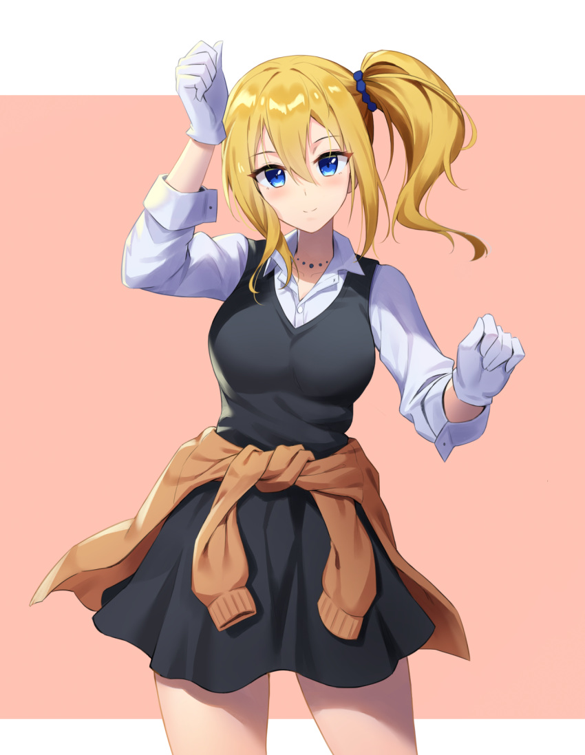1girl acso arm_up bangs black_skirt blonde_hair blue_eyes blush breasts clenched_hands closed_mouth clothes_around_waist collarbone collared_shirt commentary_request cowboy_shot dress_shirt eyebrows_visible_through_hair gloves hair_between_eyes hair_ornament hair_scrunchie hayasaka_ai highres jewelry kaguya-sama_wa_kokurasetai_~tensai-tachi_no_renai_zunousen~ large_breasts long_hair long_sleeves looking_at_viewer necklace pink_background school_uniform scrunchie shirt side_ponytail sidelocks skirt smile solo sweater sweater_around_waist two-tone_background white_background white_gloves white_shirt