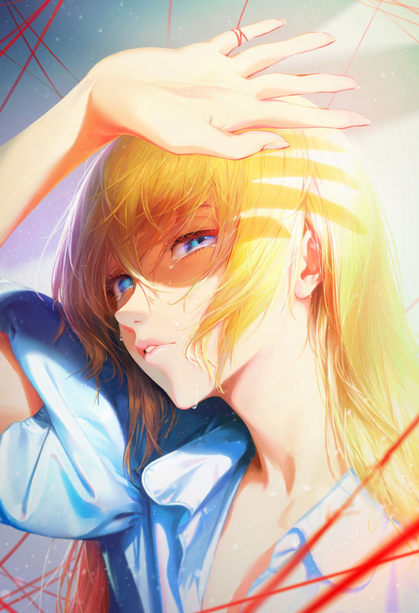 1girl arata_yokoyama bangs blonde_hair blue_eyes blue_shirt collared_shirt crying crying_with_eyes_open hair_between_eyes hand_up highres long_hair original parted_lips pink_lips puffy_short_sleeves puffy_sleeves shirt short_sleeves sidelocks string string_of_fate tears