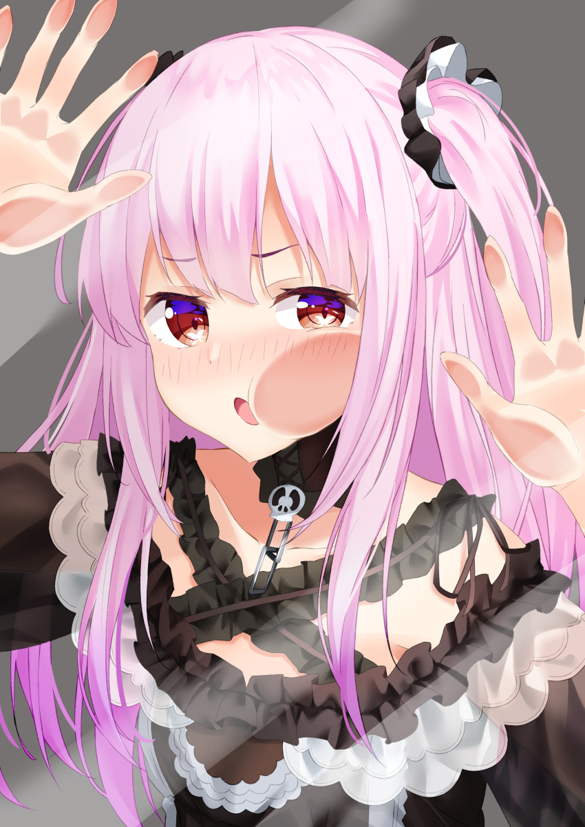 1girl absurdres against_fourth_wall against_glass alternate_costume alternate_hair_color alternate_hairstyle blush collarbone commentary_request fourth_wall gothic_lolita highres hololive lolita_fashion open_mouth pink_hair red_eyes simple_background solo starkamisan uruha_rushia virtual_youtuber