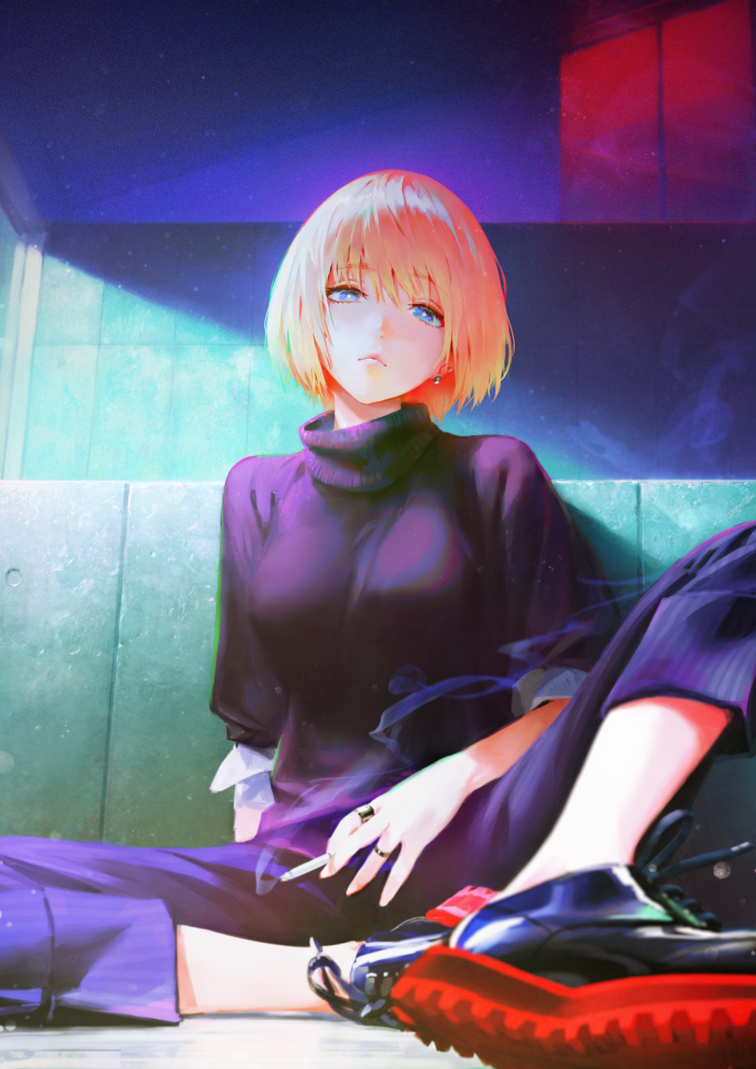 1girl absurdres arata_yokoyama bangs black_footwear black_sweater blonde_hair blue_eyes blue_pants cigarette closed_mouth earrings eyebrows_visible_through_hair highres holding holding_cigarette jewelry looking_at_viewer original pants ring short_hair sitting sleeves_rolled_up sweater turtleneck turtleneck_sweater