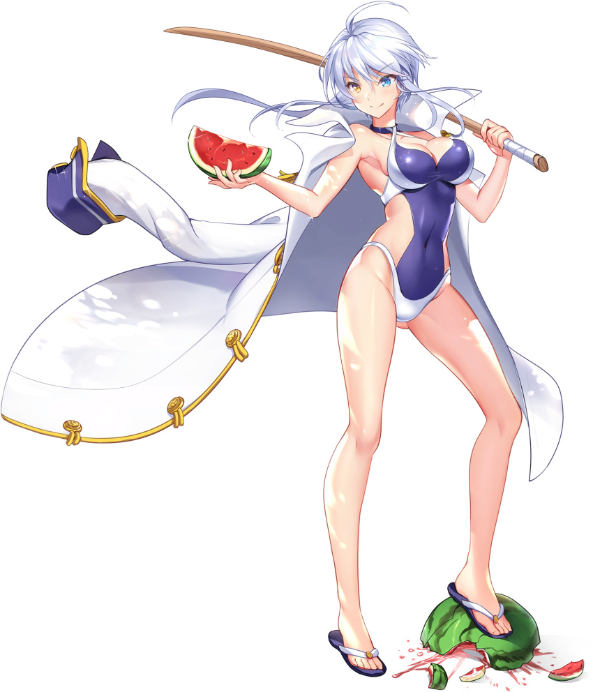 1girl ahoge alternate_costume armpits bangs bare_shoulders blue_eyes blue_oath bokken breasts closed_mouth coat coat_on_shoulders covered_navel criss-cross_halter eyebrows_visible_through_hair food fruit full_body hair_between_eyes halterneck heterochromia highres holding holding_food large_breasts long_hair looking_at_hand official_art one-piece_swimsuit purple_swimsuit sandals side_cutout sidelocks silver_hair slit_pupils smile solo standing suikawari swimsuit sword tachi-e thighs transparent_background two-tone_swimsuit warspite_(blue_oath) watermelon weapon white_coat white_swimsuit wooden_sword yellow_eyes