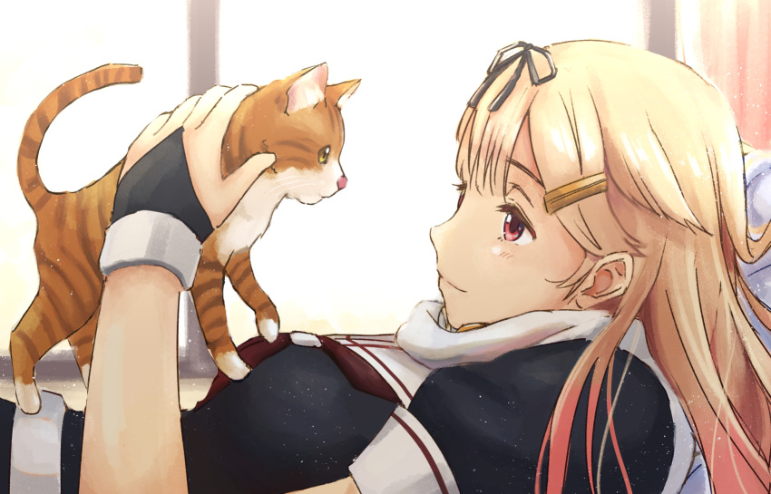 1girl black_gloves black_ribbon blonde_hair breasts cat fingerless_gloves from_side gloves gradient_hair hair_flaps hair_ornament hair_ribbon hairclip highres kantai_collection long_hair lying medium_breasts multicolored_hair neckerchief on_back red_eyes red_neckwear remodel_(kantai_collection) ribbon sakamoto_yuuki solo yuudachi_(kantai_collection)