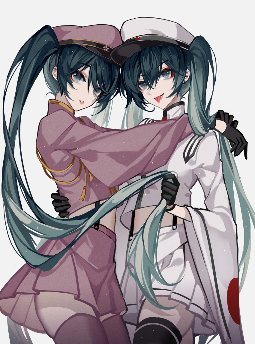 2girls absurdres aqua_eyes aqua_hair arm_around_back arms_around_neck black_gloves commentary cowboy_shot dual_persona gloves hat hatsune_miku highres holding_another's_hair hug japanese_clothes kazenemuri lips long_hair looking_at_viewer military_hat miniskirt multiple_girls parted_lips pleated_skirt project_diva_(series) purple_headwear purple_legwear purple_shirt purple_skirt senbon-zakura_(vocaloid) senbonzakura shirt skirt suspender_skirt suspenders thigh-highs tongue tongue_out twintails very_long_hair vocaloid white_headwear white_legwear white_shirt white_skirt wide_sleeves zettai_ryouiki