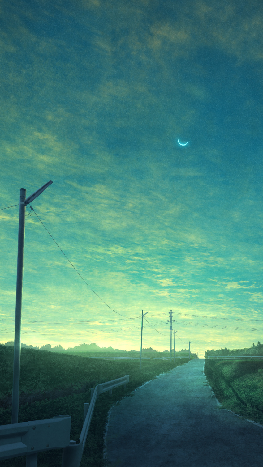 blue_sky clouds cloudy_sky crescent_moon gradient_sky grass highres mks moon no_humans original outdoors power_lines railing road scenery sky sunlight telephone_pole twilight