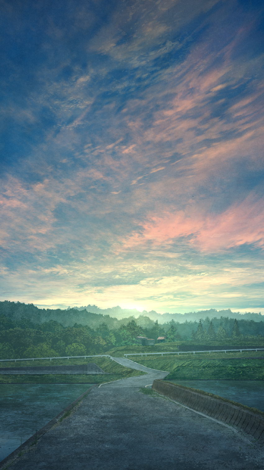 blue_sky guard_rail highres horizon mks no_humans original outdoors riverbank road scenery sky sunrise