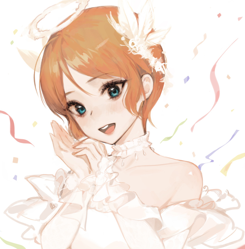 1girl :d absurdres blue_eyes copyright_request dress feathers hair_feathers halo hands_up head_tilt highres long_sleeves looking_at_viewer open_mouth orange_hair oyabuli round_teeth smile solo symbol_commentary teeth upper_body upper_teeth white_dress