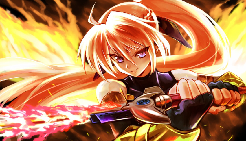 1girl agito_(fusion) ahoge bangs black_gloves black_ribbon black_shirt bracelet braid chupirinko elbow_gloves fiery_wings fingerless_gloves fire flaming_sword flaming_weapon gloves hair_ribbon highres holding holding_sword holding_weapon jewelry levantine looking_at_viewer lyrical_nanoha mahou_shoujo_lyrical_nanoha_strikers pink_hair ponytail ribbon shirt signum sleeveless sleeveless_shirt smirk solo standing sword unison v-shaped_eyebrows violet_eyes weapon