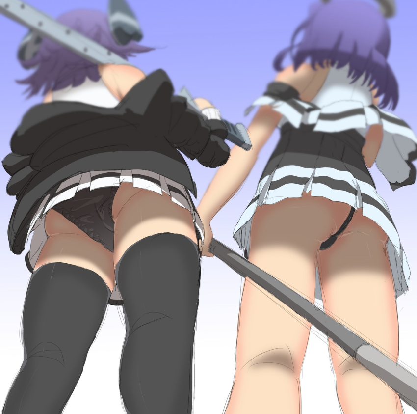 2girls ass black_jacket black_legwear black_panties capelet dress from_below glaive headgear highres jacket kantai_collection long_sleeves mechanical_halo multiple_girls namakura_neo off_shoulder open_clothes open_jacket panties purple_hair remodel_(kantai_collection) school_uniform short_dress short_hair tatsuta_(kantai_collection) tenryuu_(kantai_collection) thigh-highs underwear