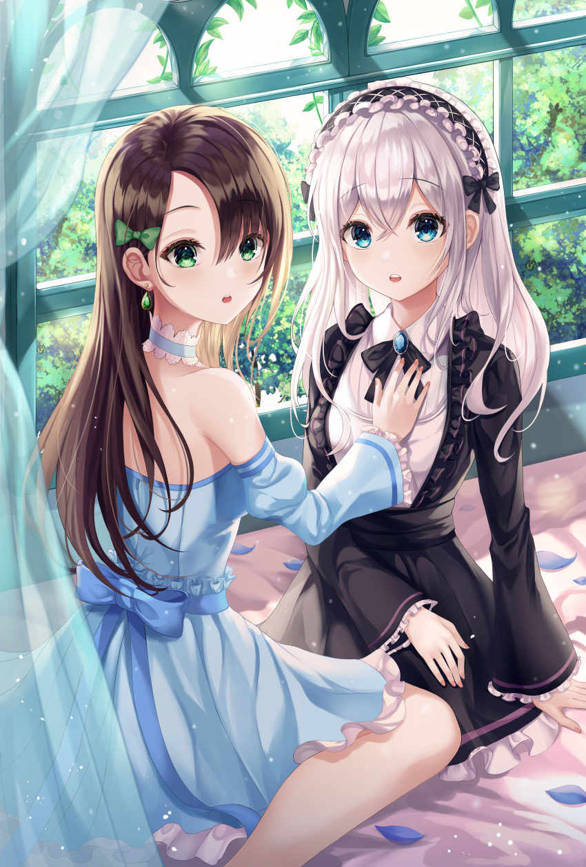 2girls :o absurdres bangs bare_shoulders black_dress blue_dress blue_eyes bow breasts brown_hair choker detached_sleeves dress earrings eyebrows_visible_through_hair frilled_dress frilled_hairband frills gongha gothic_lolita green_bow green_eyes grey_hair hair_bow hairband hand_on_another's_chest highres huge_filesize indoors jewelry juliet_sleeves lolita_fashion lolita_hairband long_hair long_sleeves looking_at_viewer medium_breasts multiple_girls on_bed open_mouth original petals puffy_sleeves siblings silver_hair sitting sleeves_past_wrists twins upper_teeth wariza window wing_collar yuri