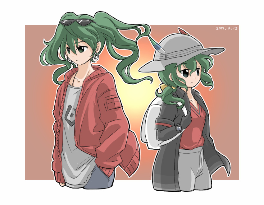 2girls backpack bag black_jacket commentary crossover dated denim earrings expressionless eyewear_on_head green_eyes green_hair hand_in_pocket hat_feather hatsune_miku helmet jacket jeans jewelry kaban_(kemono_friends) kemono_friends multiple_girls pants pith_helmet red_jacket red_shirt shirt short_twintails shorts suna_no_wakusei_(vocaloid) sunglasses tsugumi_(aya-3326) twintails vocaloid watch watch white_shirt
