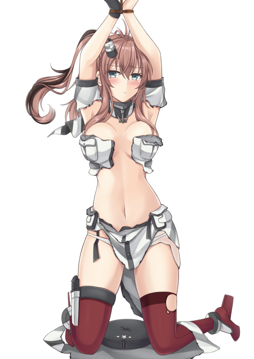 1girl anchor black_gloves blue_eyes bound bound_wrists breast_pocket breasts brown_hair dress gloves hair_between_eyes hair_ornament high_heels highres impossible_clothes kantai_collection large_breasts navel no_bra panties pocket ponytail red_legwear restrained rope saratoga_(kantai_collection) side_ponytail sidelocks single_glove smokestack_hair_ornament solo thigh-highs torn_clothes torn_dress underwear white_dress white_panties yamato_(083)