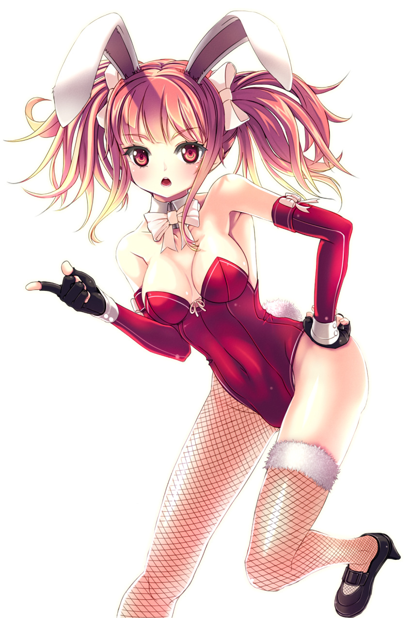 1girl :o animal_ears breasts bunny_girl bunny_tail bunnysuit elbow_gloves fingerless_gloves fishnets gloves hair_ribbon hand_on_hip highres leotard looking_at_viewer medium_breasts mismatched_legwear official_art open_mouth orange_hair rabbit_ears reason_(ficafe) red_eyes red_leotard resized ribbon scarlet_(soccer_spirits) soccer_spirits tail thigh-highs twintails upscaled white_ribbon