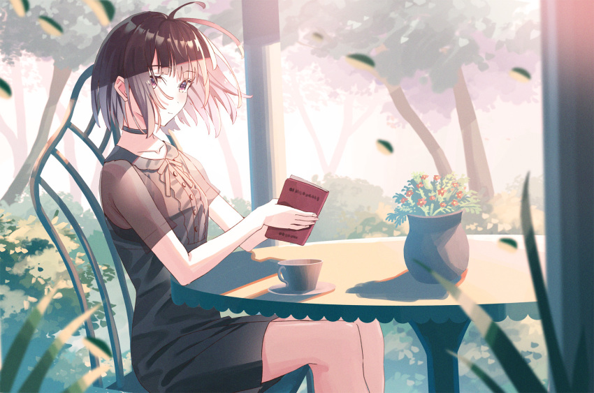 1girl ahoge bangs bare_legs black_dress blunt_bangs book brown_dress brown_eyes brown_hair bush chair choker closed_mouth collarbone cup day dress flower flower_pot hair_blowing highres holding holding_book koh_rd leaf leaves_in_wind legs_together light_smile looking_at_viewer original plant potted_plant reading short_hair short_sleeves sitting smile solo table tree two-tone_dress
