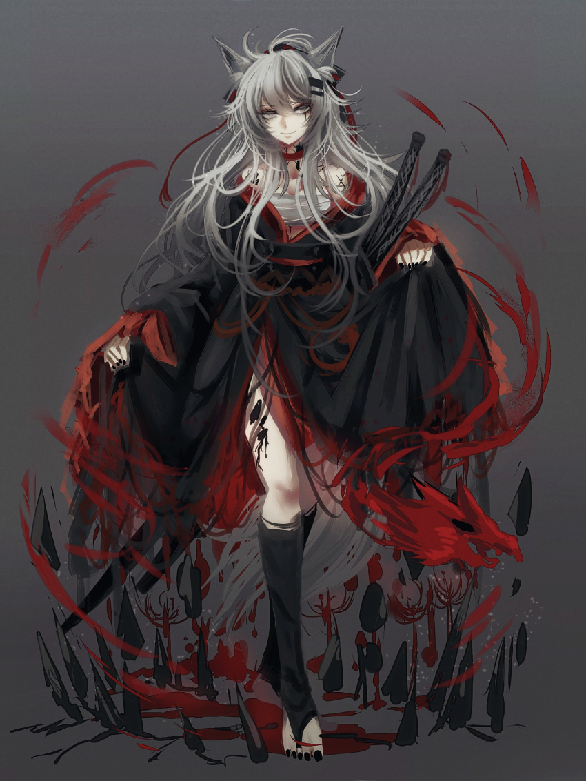 1girl alternate_costume animal_ears arknights bangs black_legwear black_nails blood choker facial_mark full_body gradient gradient_background grey_background grey_eyes hair_ornament hair_ribbon hairclip highres lappland_(arknights) long_hair looking_at_viewer messy_hair nga_(artist) originium_(arknights) red_choker ribbon sarashi silver_hair sleeves_past_wrists slit_pupils smile solo standing sword tail weapon wolf_ears wolf_girl wolf_tail