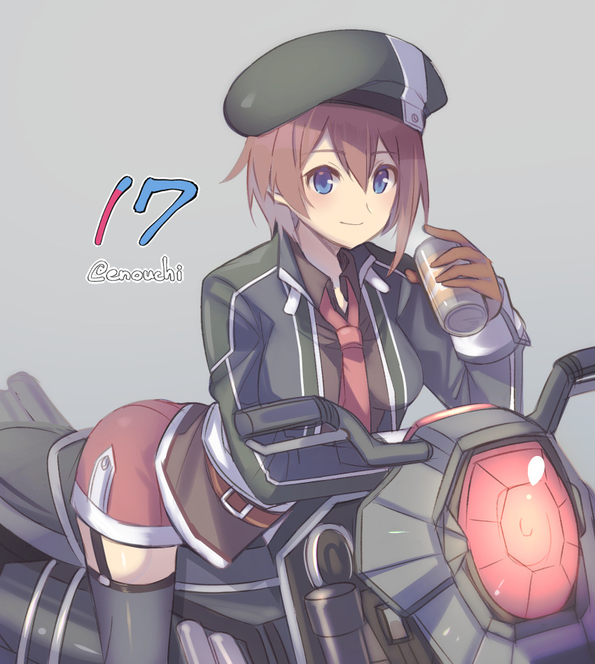 1girl ao_no_kiseki asymmetrical_hair belt beret black_legwear black_shirt blue_eyes blush breasts brown_hair can closed_mouth collared_shirt commentary countdown drink eiyuu_densetsu enoki_nai eyebrows_visible_through_hair garter_straps green_headwear green_jacket grey_background ground_vehicle hair_between_eyes hajimari_no_kiseki hat highres holding holding_drink jacket looking_at_viewer medium_breasts motor_vehicle motorcycle necktie noel_seeker open_clothes open_jacket red_neckwear red_shorts shirt short_hair short_shorts shorts simple_background sitting smile solo thigh-highs thighs wing_collar zero_no_kiseki zettai_ryouiki