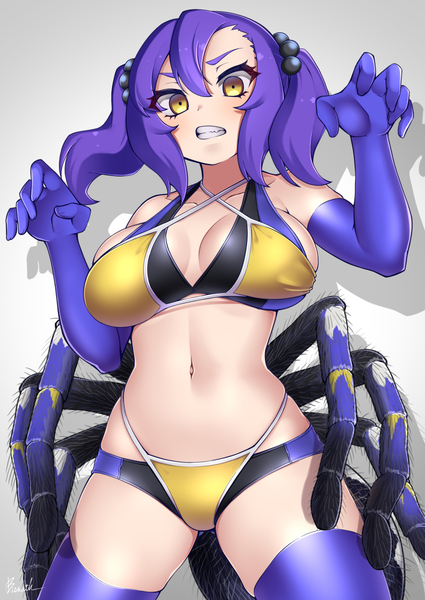 1girl absurdres bangs bare_shoulders bikini black_bikini breasts brown_eyes clenched_teeth collarbone criss-cross_halter elbow_gloves gloves hair_between_eyes hair_bobbles hair_ornament halterneck hands_up highres insect_girl large_breasts layered_bikini looking_at_viewer navel original paravene personification purple_gloves purple_hair purple_legwear shadow signature solo spider_girl swimsuit teeth thigh-highs twintails v-shaped_eyebrows yellow_bikini