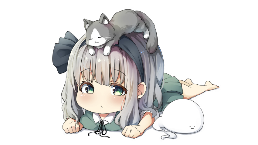 1girl animal_on_head bare_legs barefoot breasts cat collared_shirt commentary_request eyebrows_visible_through_hair green_eyes green_skirt green_vest grey_hair highres konpaku_youmu konpaku_youmu_(ghost) on_head pegashi shirt short_hair skirt touhou vest white_background