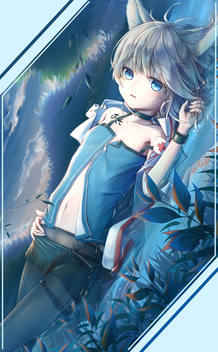 1girl 2019 absurdres akelp animal_ears arknights artist_name bare_shoulders border chinese_commentary close-up clouds cloudy_sky commentary_request eyebrows_visible_through_hair eyelashes flat_chest fox_ears fox_girl highres in_water jacket light_blue_eyes looking_at_viewer medic navel no_gloves open_mouth ore_lesion_(arknights) outdoors pantyhose parted_lips plant platinum_blonde_hair red_cross short_hair signature sky solo sussurro_(arknights) tail tree water white_border white_jacket