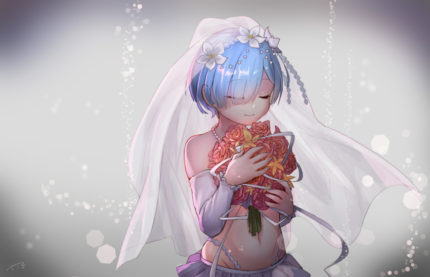 1girl bangs bare_shoulders blue_hair closed_eyes closed_mouth commentary_request detached_sleeves eyelashes flower hair_flower hair_ornament hair_over_one_eye highres holding holding_flower jewelry navel necklace re:zero_kara_hajimeru_isekai_seikatsu rem_(re:zero) shiny shiny_hair short_hair smile solo uji_matcha veil white_flower white_veil