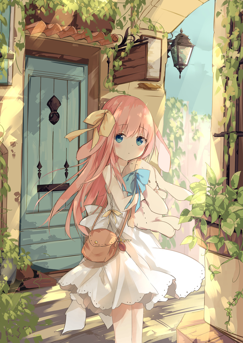 1girl :o animal_ears bag bangs bare_shoulders blue_eyes blush bow commentary_request day door dress eyebrows_visible_through_hair hair_between_eyes hair_bow highres kushida_you long_hair looking_at_viewer object_hug original outdoors parted_lips pink_hair plant rabbit_ears shoulder_bag sleeveless sleeveless_dress solo standing stuffed_animal stuffed_bunny stuffed_toy very_long_hair wall_lamp white_dress yellow_bow