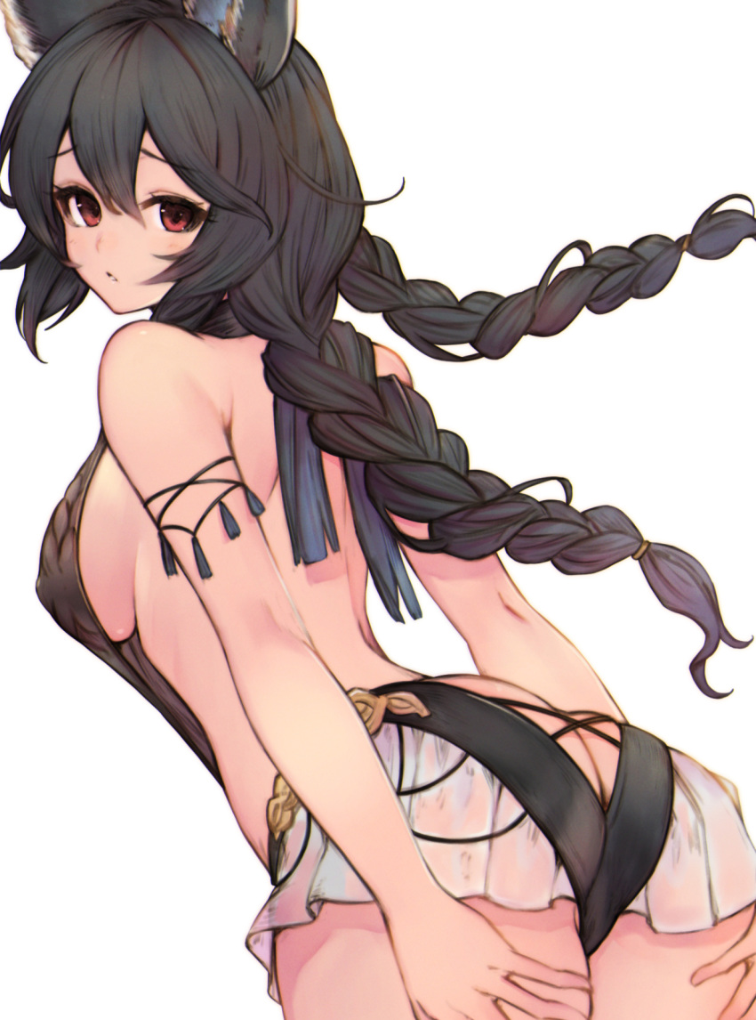 1girl animal_ears armlet ass backless_swimsuit bangs bare_back bare_shoulders black_hair black_swimsuit braid breasts casual_one-piece_swimsuit cowboy_shot erune eyebrows_visible_through_hair granblue_fantasy highres koretsuki_azuma leaning_forward long_hair looking_at_viewer looking_back medium_breasts nier_(granblue_fantasy) one-piece_swimsuit parted_lips red_eyes sideboob simple_background solo swimsuit tassel thighs twin_braids white_background