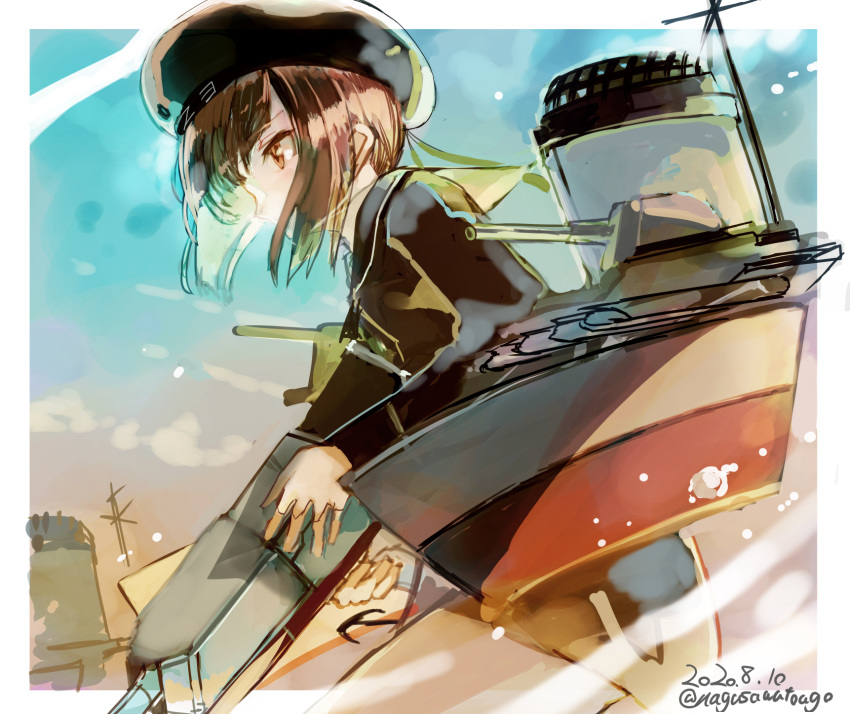 1girl blue_sky brown_eyes cannon dress hat highres kantai_collection kriegsmarine military_hat nagasawa_tougo peaked_cap redhead rigging sailor_dress sailor_hat short_hair sky smokestack solo turret z3_max_schultz_(kantai_collection)