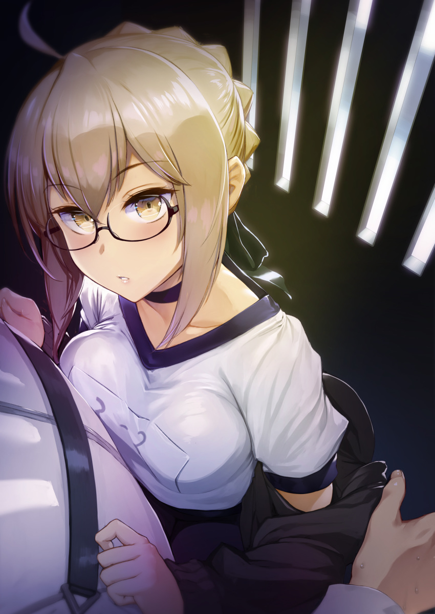 1boy 1girl ahoge alternate_costume artoria_pendragon_(all) bangs black-framed_eyewear black_choker black_jacket black_ribbon blonde_hair braid breast_press breasts choker collarbone commentary_request eyebrows_visible_through_hair fate/grand_order fate_(series) from_above glasses hair_ribbon hands_on_another's_chest head_out_of_frame highres jacket long_sleeves looking_at_viewer medium_breasts mysterious_heroine_x_(alter) nonderi off-shoulder_jacket off_shoulder parted_lips ribbon semi-rimless_eyewear shirt solo_focus upper_body white_shirt yellow_eyes