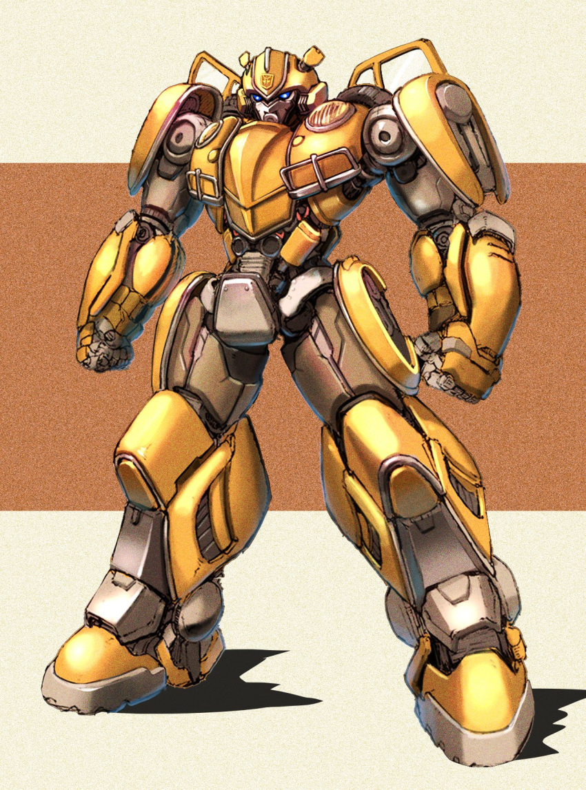 1boy autobot blue_eyes bumblebee bumblebee_(film) clenched_hands highres insignia korean_commentary looking_ahead mecha no_humans solo standing superphotrone transformers
