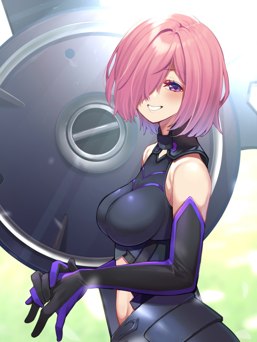1girl armor armored_dress bare_shoulders blush breasts elbow_gloves fate/grand_order fate_(series) gloves grin hair_over_one_eye highres large_breasts lavender_hair leotard looking_at_viewer mash_kyrielight mikan_(chipstar182) purple_gloves shield short_hair smile violet_eyes