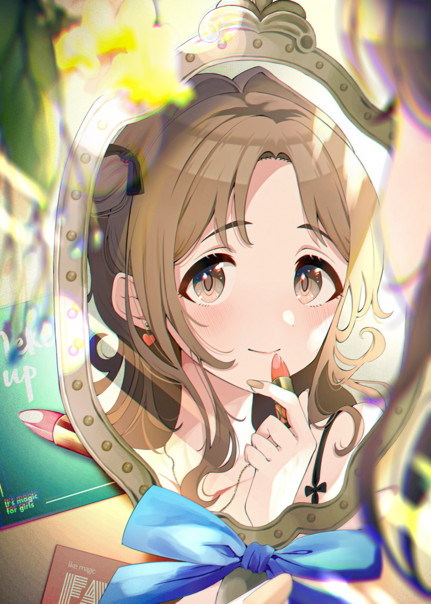 1girl applying_makeup bangs black_ribbon blue_ribbon blurry blurry_foreground brown_eyes brown_hair closed_mouth commentary_request depth_of_field earrings english_text hair_ribbon hand_mirror heart heart_earrings highres holding ichikawa_hinana idolmaster idolmaster_shiny_colors jewelry light_blush lipstick_tube long_hair looking_at_viewer mirror one_side_up parted_bangs partial_commentary reflection ribbon smile solo umeume_(totoya)