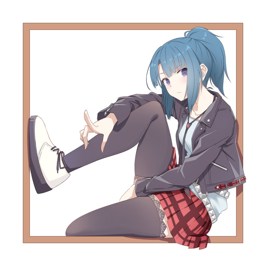 1girl alice_gear_aegis blue_eyes blue_hair character_request highres jacket kasutera_(toho_16sakuya) leather leather_jacket leg_up leggings looking_to_the_side plaid plaid_skirt pointing red_skirt skirt solo tied_hair