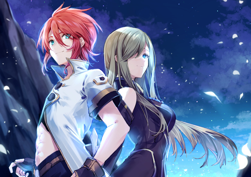 1boy 1girl abs bare_shoulders blue_eyes breasts character_request clouds commentary_request copyright_request fingerless_gloves gloves hair_over_one_eye long_hair looking_at_viewer medium_breasts redhead short_sleeves sky upper_body yuya_(night_lily)